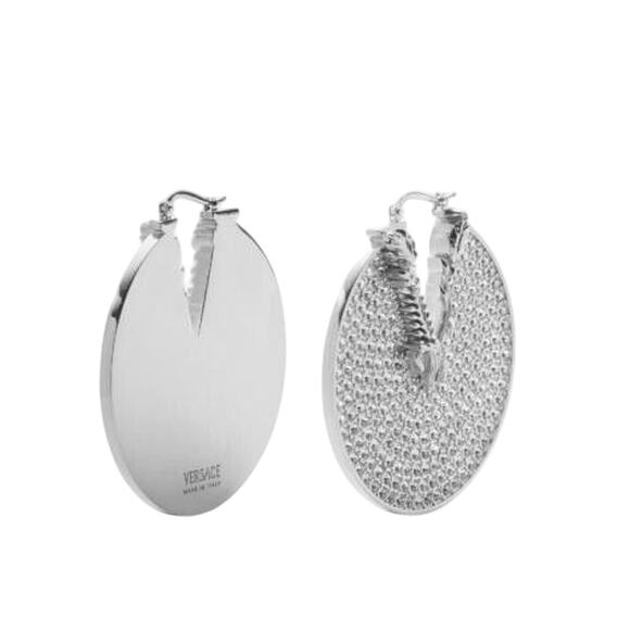 NIB Versace Rhinestone Barocco Virtus Silver Circle Hoop Earrings $1,125 - Picture 4 of 12